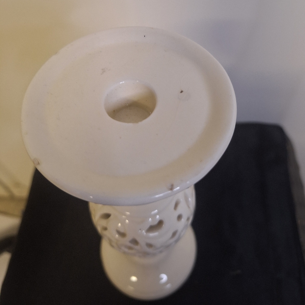White Ceramic Decorative Candle Holder with Cutout Design 10" - Picture 2 of 4